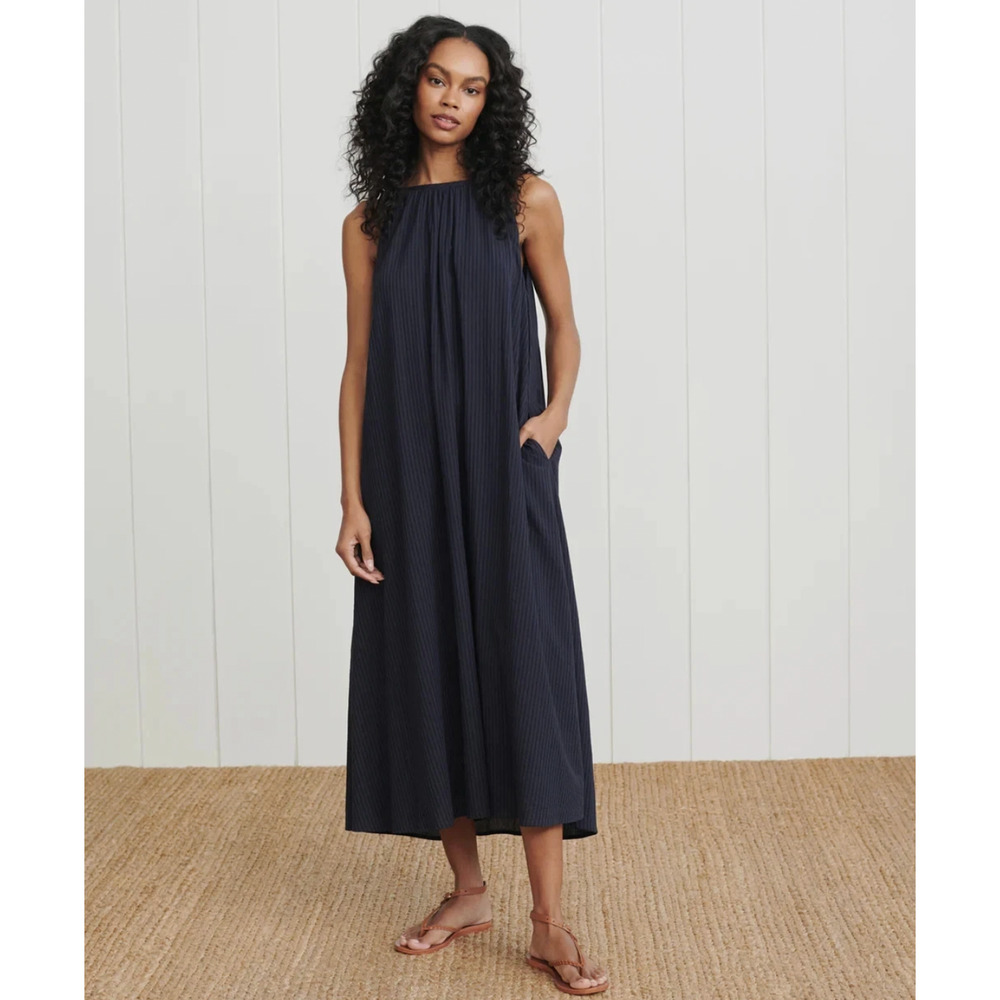 Jenni Kayne XS Striped Drift Dress $295 Maxi Cotton Waffle Weave Boho Navy Black - Picture 2 of 11